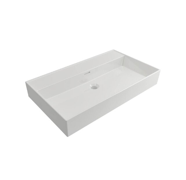 Wastafel Edge 80 cm Glans Wit Met kraangat Keramiek  - ronde overloop