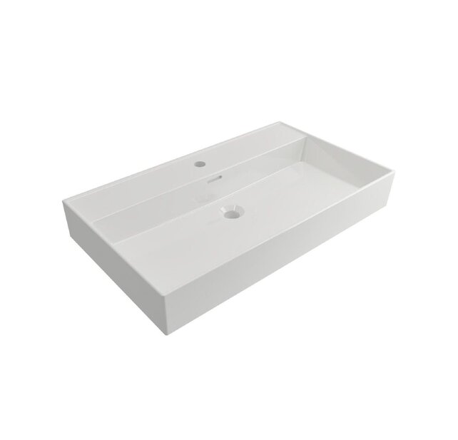 Wastafel Edge 80 cm Glans Wit Met kraangat Keramiek  - ronde overloop