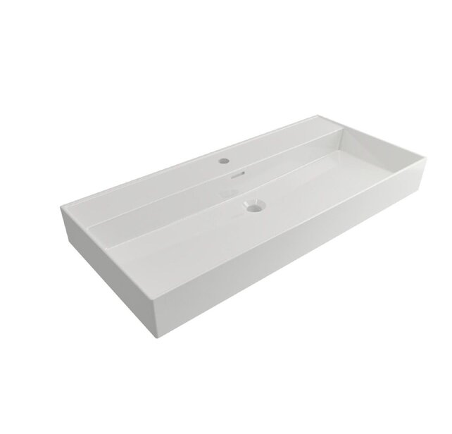 Wastafel Edge 100 cm Glans Wit Met 2 kraangaten Keramiek - ronde overloop