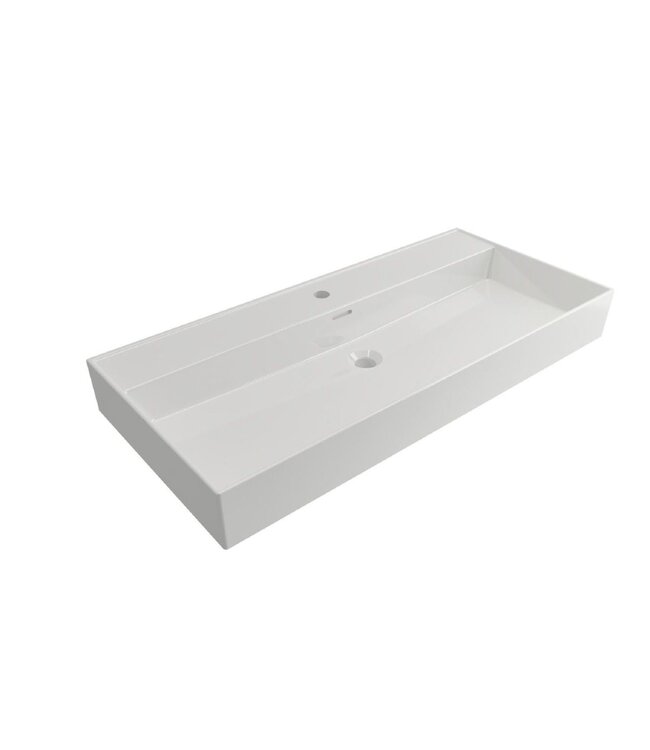 Wastafel Edge 100 cm Glans Wit Met 2 kraangaten Keramiek - ronde overloop