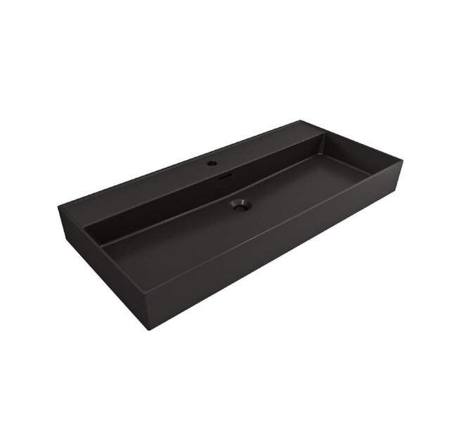 Wastafel Edge 100 cm Mat Zwart Zonder kraangat Keramiek - ronde overloop