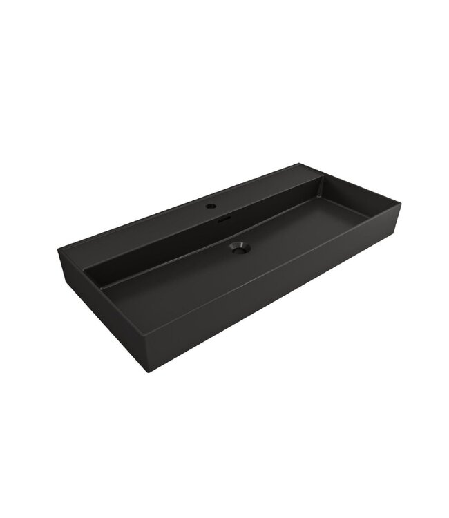 Wastafel Edge 100 cm Mat Zwart Zonder kraangat Keramiek - ronde overloop