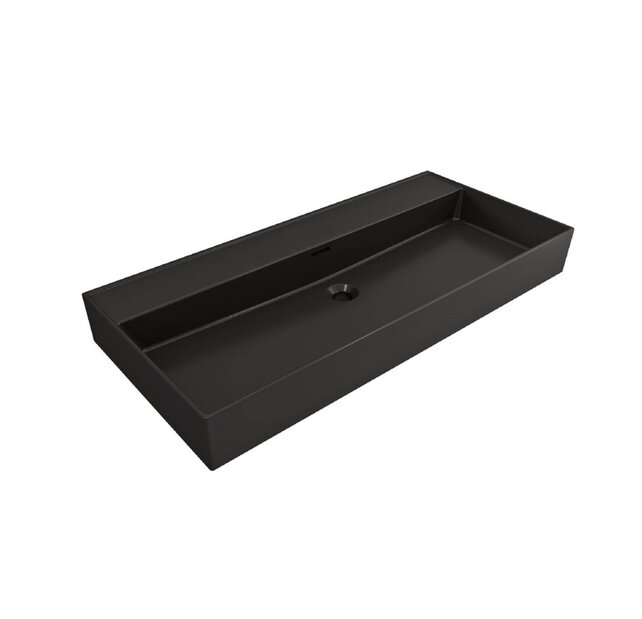 Wastafel Edge 100 cm Mat Zwart Met 2 kraangaten Keramiek - ronde overloop Wastafel Edge 100 cm Mat Zwart Met 2 kraangaten Keramiek - ronde overloop