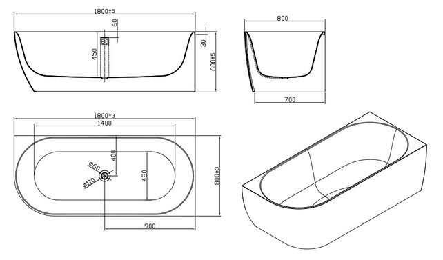 Half vrijstaand Bad Moon Links Wit 180x80x60 cm Hoekbad Acryl met plug