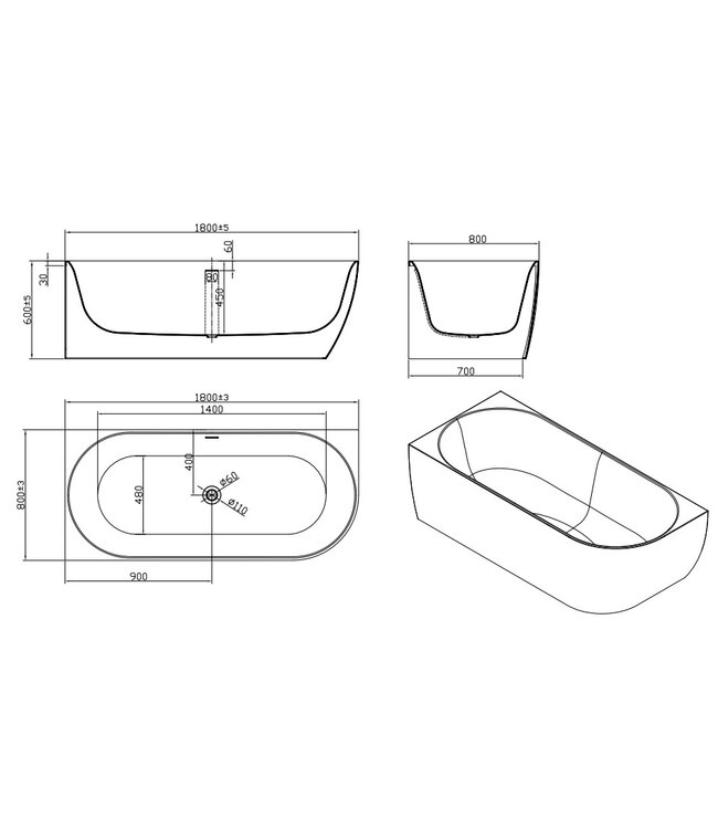 Half vrijstaand Bad Moon Rechts Wit 180x80x60 cm Hoekbad Acryl met plug