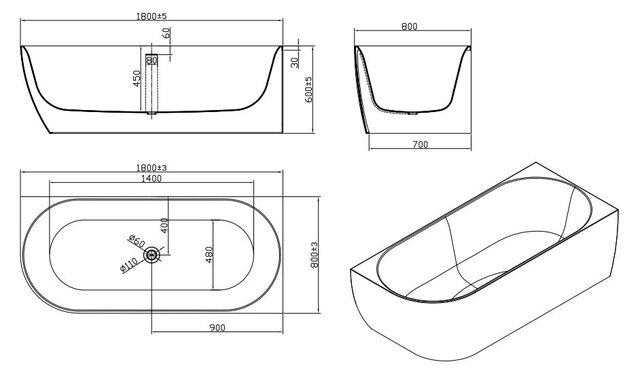 Half vrijstaand Bad Moon Rechts Zwart Wit 180x80x60 cm Hoekbad Acryl met plug