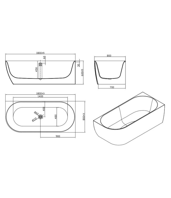 SANI-SUPPLY Half vrijstaand Bad Moon Links Zwart Wit 180x80x60 cm Hoekbad Acryl met plug