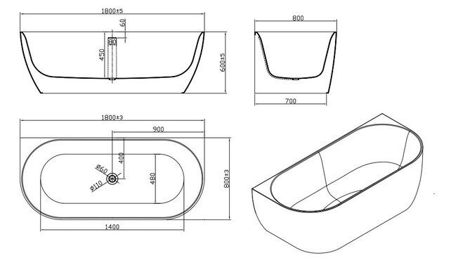 Half vrijstaand Bad Moon Zwart Wit 180x80x60 cm Hoekbad Acryl met plug