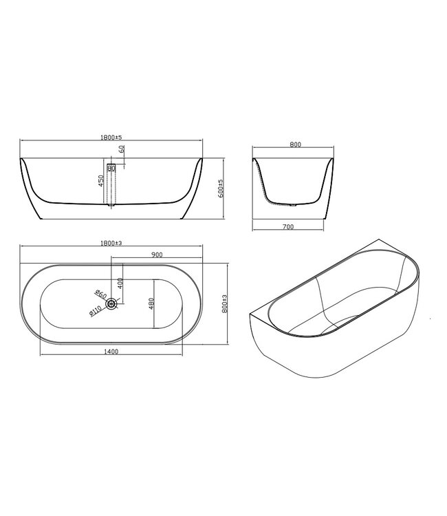 SANI-SUPPLY Half vrijstaand Bad Moon Wit 180x80x60 cm Hoekbad Acryl met plug