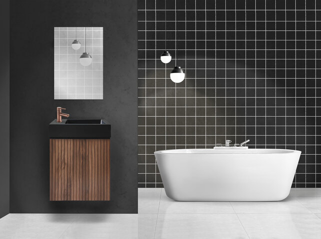 WC Kastje Elite Walnoot Relief Toiletmeubel met Fonteintje en Toiletspiegel