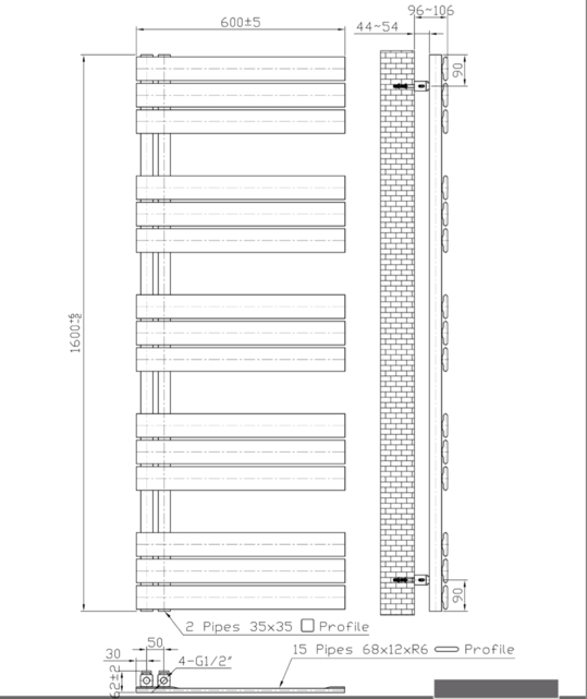 Handdoekradiator BUC Zwart 160x60 cm 864 Watt Links aansluiting Handdoekradiator BUC Zwart 160x60 cm 864 Watt Links aansluiting