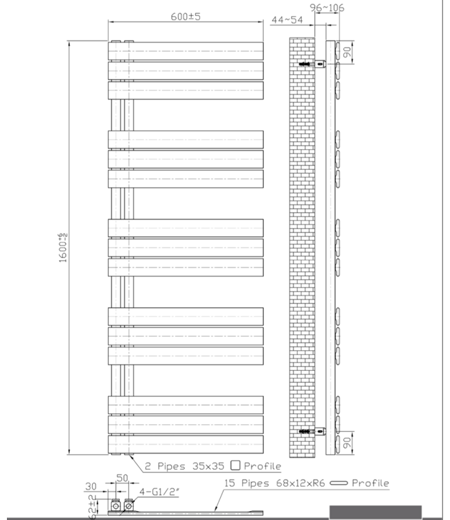 Handdoekradiator BUC Wit 160x60 cm 864 Watt Links aansluiting