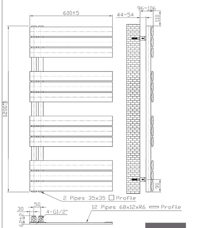 Handdoekradiator BUC Zwart 120x60 cm 681 Watt Links aansluiting
