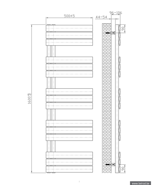 Handdoekradiator BUC Zwart 160x50 cm 755 Watt Links aansluiting