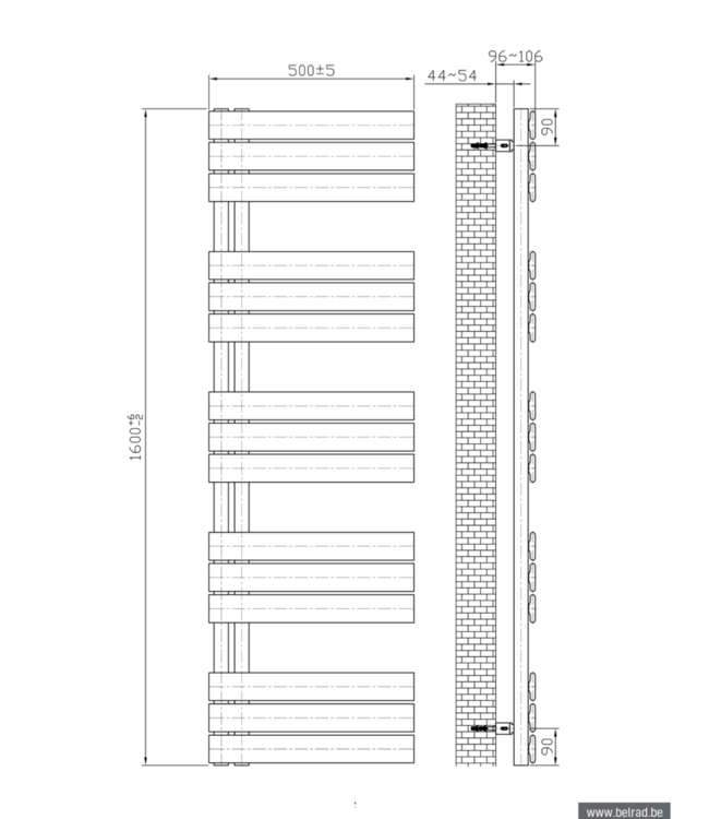 Handdoekradiator BUC Zwart 160x50 cm 755 Watt Links aansluiting