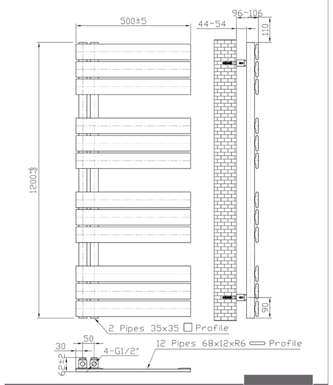 Handdoekradiator BUC Wit 120x50 cm 593 Watt Links aansluiting
