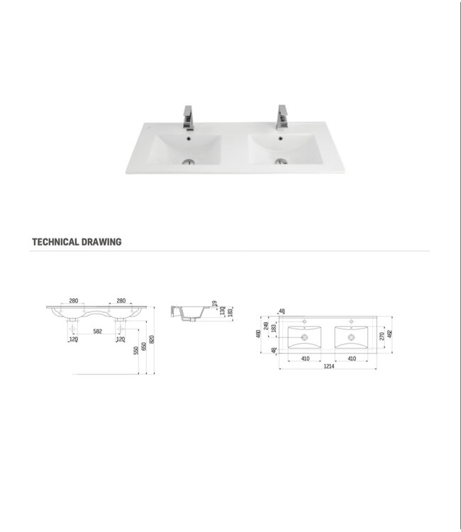 CREAVIT Keramische Wastafel Sally 120x45x2cm Wit met kraangat en overloop