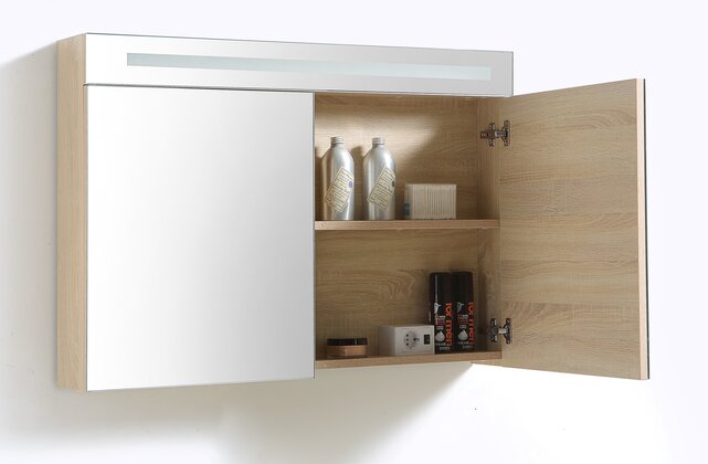 Spiegelkast Quatro Licht Eiken 100x70 cm LED verlichting Stopcontact met schakelaar