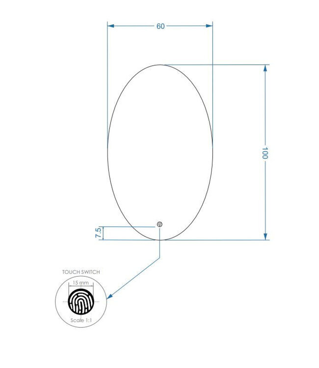 Gliss Design Badkamerspiegel Ovaal Verticaal 100x60 cm met dimbaar LED-verlichting en verwarming