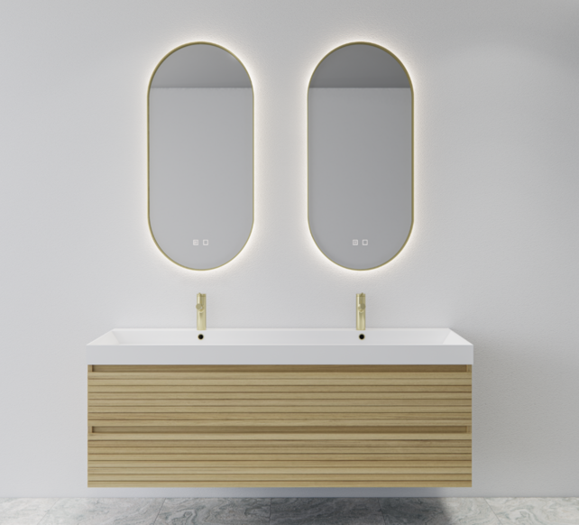 Gliss Design Aura Ovale Spiegel Mat Goud 50x100 cm met dimbaar LED-verlichting en verwarming Gliss Design Aura Ovale Spiegel Mat Goud 50x100 cm met dimbaar LED-verlichting en verwarming