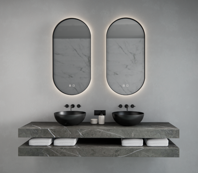 Gliss Design Aura Ovale Spiegel Mat Goud 50x100 cm met dimbaar LED-verlichting en verwarming Gliss Design Aura Ovale Spiegel Mat Goud 50x100 cm met dimbaar LED-verlichting en verwarming