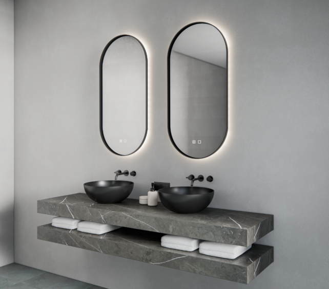 Gliss Design Aura Ovale Spiegel Mat Goud 50x100 cm met dimbaar LED-verlichting en verwarming Gliss Design Aura Ovale Spiegel Mat Goud 50x100 cm met dimbaar LED-verlichting en verwarming