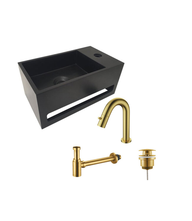 Aloni Fonteinset Mila Zwart - Geborsteld Goud Links Fontein Solid Surface met handdoekhouder