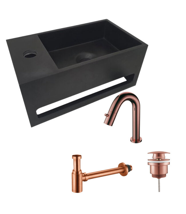 Aloni Fonteinset Mila Zwart - Geborsteld Koper Rechts Fontein Solid Surface met handdoekhouder