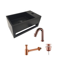 Aloni Fonteinset Mila Zwart - Geborsteld Koper Rechts Fontein Solid Surface met handdoekhouder