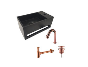 Aloni Fonteinset Mila Zwart - Geborsteld Koper Rechts Fontein Solid Surface met handdoekhouder
