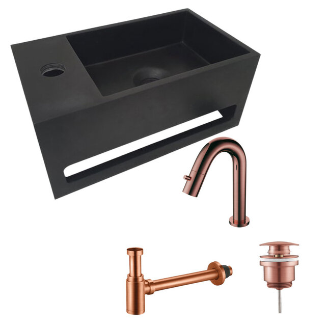 Aloni Fonteinset Mila Zwart - Geborsteld Koper Links Fontein Solid Surface met handdoekhouder