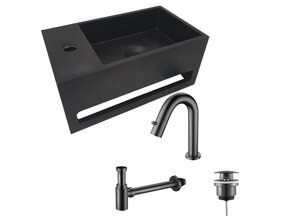 Aloni Fonteinset Mila Zwart - Gun Metal Links Fontein Solid Surface met handdoekhouder