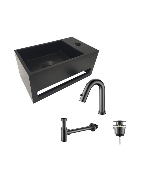 Aloni Fonteinset Mila Zwart - Gun Metal Links Fontein Solid Surface met handdoekhouder