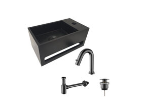 Aloni Fonteinset Mila Zwart - Gun Metal Rechts Fontein Solid Surface met handdoekhouder