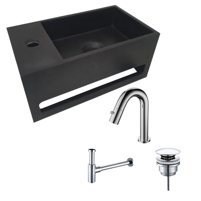 Aloni Fonteinset Mila Zwart - Chroom Links Fontein Solid Surface met handdoekhouder