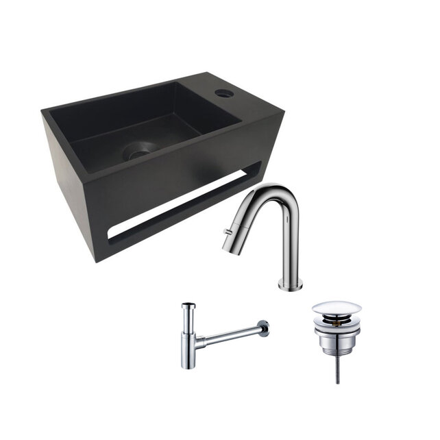 Aloni Fonteinset Mila Zwart - Chroom Links Fontein Solid Surface met handdoekhouder