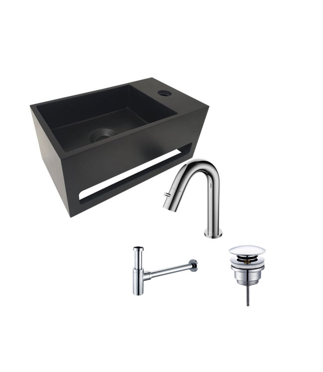 Aloni Fonteinset Mila Zwart - Chroom Links Fontein Solid Surface met handdoekhouder