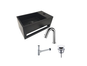 Aloni Fonteinset Mila Zwart - Chroom Rechts Fontein Solid Surface met handdoekhouder