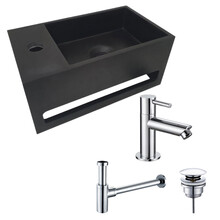 Aloni Fonteinset Bella Zwart - Chroom Links Fontein Solid Surface met handdoekhouder