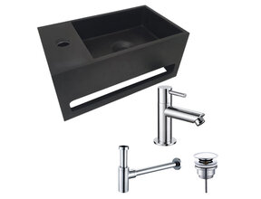 Aloni Fonteinset Bella Zwart - Chroom Links Fontein Solid Surface met handdoekhouder