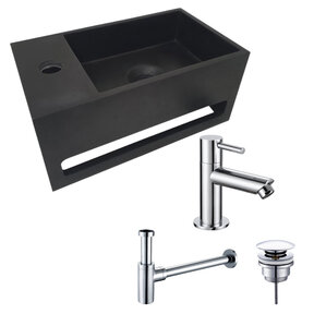 Aloni Fonteinset Bella Zwart - Chroom Links Fontein Solid Surface met handdoekhouder
