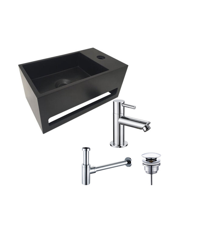 Aloni Fonteinset Bella Zwart - Chroom Links Fontein Solid Surface met handdoekhouder