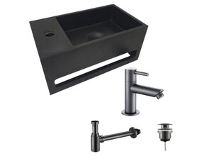 Aloni Fonteinset Bella Mat Zwart Links Fontein Solid Surface met handdoekhouder