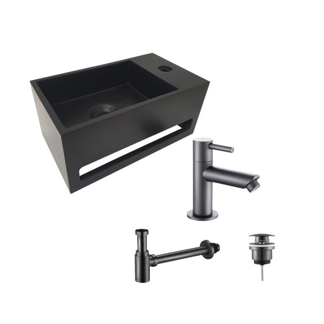 Aloni Fonteinset Bella Mat Zwart Links Fontein Solid Surface met handdoekhouder