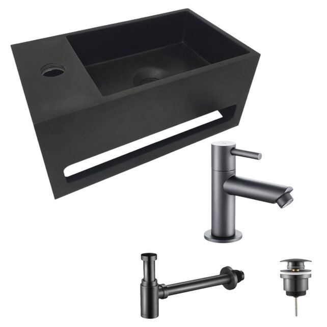 Aloni Fonteinset Bella Mat Zwart Rechts Fontein Solid Surface met handdoekhouder