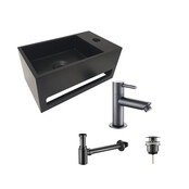 Aloni Fonteinset Bella Mat Zwart Rechts Fontein Solid Surface met handdoekhouder