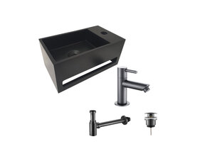 Aloni Fonteinset Bella Mat Zwart Rechts Fontein Solid Surface met handdoekhouder