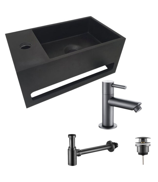 Aloni Fonteinset Bella Zwart - Gun Metal Rechts Fontein Solid Surface met handdoekhouder