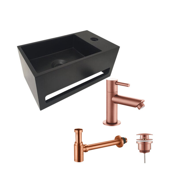 Aloni Fonteinset Bella Zwart - Geborsteld Koper Links Fontein Solid Surface met handdoekhouder