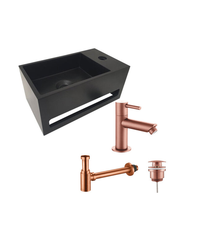 Aloni Fonteinset Bella Zwart - Geborsteld Koper Links Fontein Solid Surface met handdoekhouder
